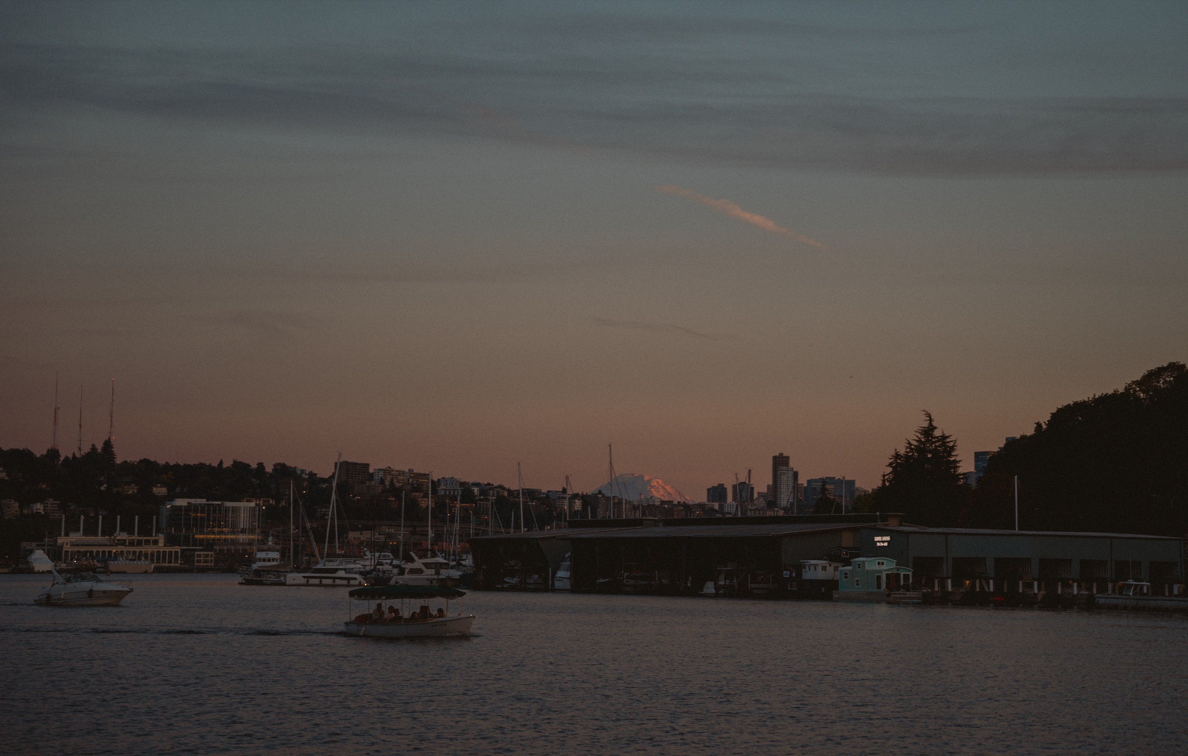 Dusk over the marina with Mount Rainier in the distance
